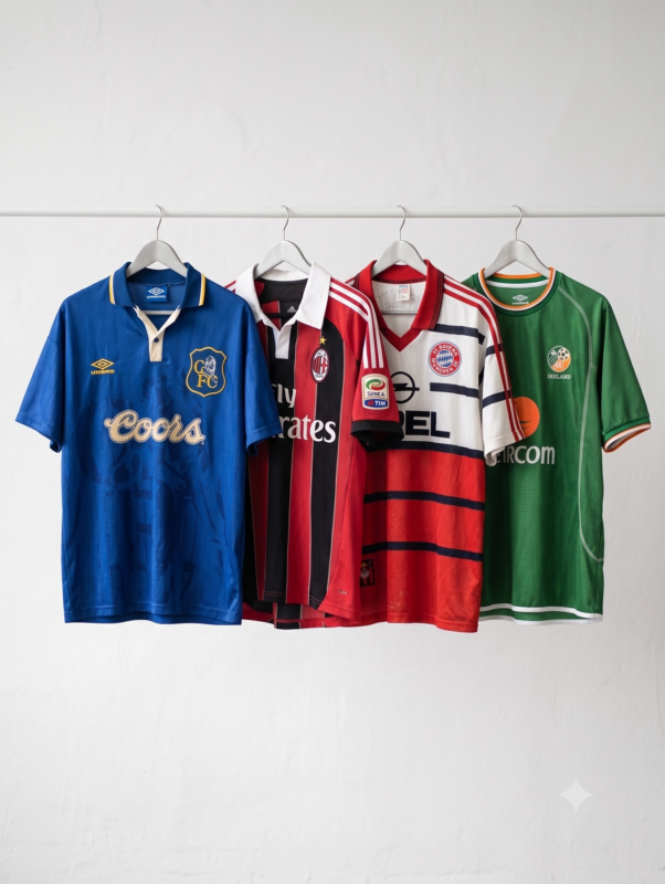 Rack of authentic club and international football jerseys from around the world