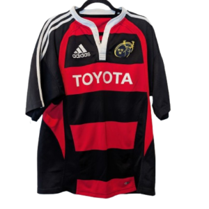 Authentic 2007 Munster Rugby training jersey Adidas red black hoops size XL Toyota sponsor