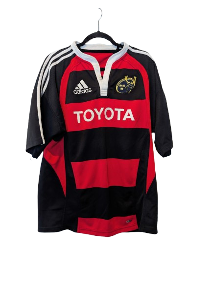 Authentic 2007 Munster Rugby training jersey Adidas red black hoops size XL Toyota sponsor